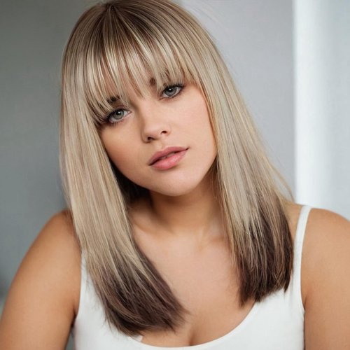 testar Ombre Blonde Brown Wig Short Straight Bob Wigs for Women Shoulder Length Straight Soft Bob Wig with Bangs Dark Roots Synthetic Heat Resistant Fiber Wig Hair Replacement