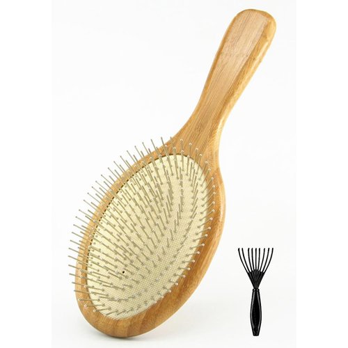 Wooden Paddle Detangling Brush Metal Bristle Hair Brush for Women and Men, Anti-frizz Styling Hairbrush Comb for Curly Fine Wavy Normal Hair, Scalp Massage Brush, Wet or Dry Use