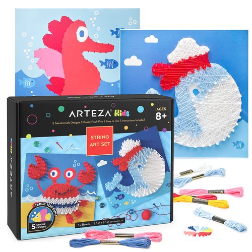 Arteza Kids String Art Kit, Set of 5 Sea Animal Designs, Plastic Pushpins, Art Supplies for Kids Craft Projects and Free Time Activities