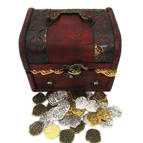 Seven Seas Pirates Toy Metal Mixed Treasure Coins with Chest - Plays and Parties - 100 Tokens