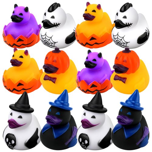 12pcs Halloween Rubber Ducks, Assorted Rubber Ducks Novelty Pumpkin Witch Devil Bath Ducky Toy Fl...