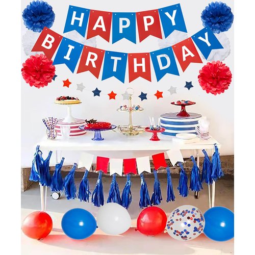 Blue White and Red Birthday Decorations, Patriotic Party Supplies Kit for Men Women Boys Grils, Happy Birthday Banner Paper Pompoms Red Blue Confetti Balloons Star Streamer for 4th of July Baseball