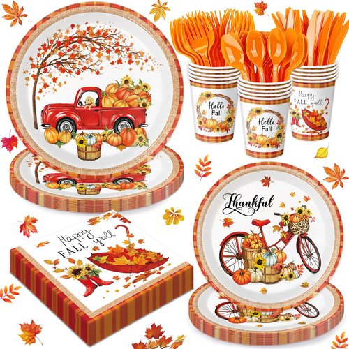 LINHAXM 168 PCS Fall Party Decorations - Autumn Pumpkin Truck Disposable Tableware Includes Paper Plates, Napkins, Cups, and Cutlery for Fall Thanksgiving Party Decorations, Serves 24