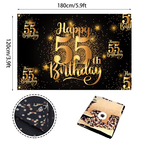 Happy 55th Birthday Backdrop Banner Step and Repeat 55 Years Old Background Decorations for Women Men Her Him Photography Party Supplies Glitter Black Gold