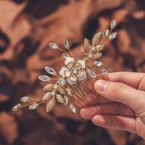 Jeairts Leaf Bride Wedding Hair Comb Flower Wedding Headpiece for Brides Rhinestone Bridal Hair Pieces Crystal Hair Accessories for Women and Girls (Gold)