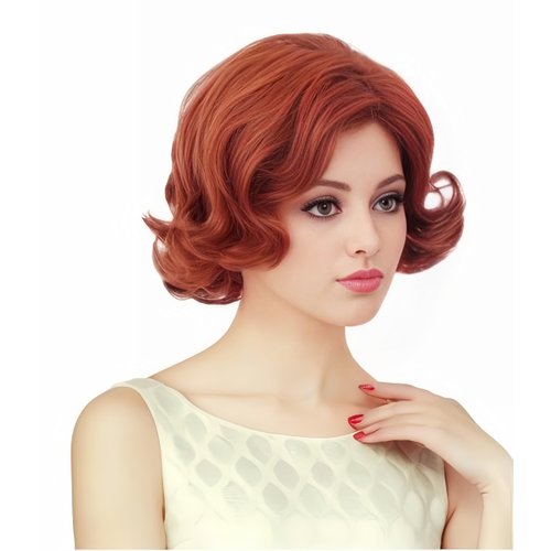 Rugelyss Auburn Short Wavy Wigs with Bangs Vintage Curly Copper Red Hair Wig Synthetic Wigs for Women for Cosplay or Halloween