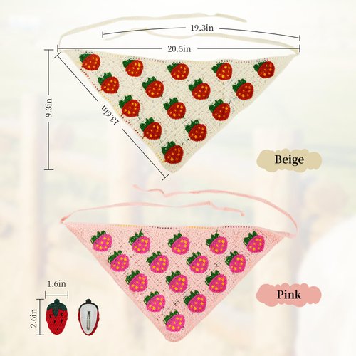 4 PCS Hair Bandanas for Women, Strawberry Head Scarf for Women's Hair with 2 Hair Clips, Knitted Cute Hair Accessories for Stylish Decor, Crochet Headband Hair Scarf for Girls(Pink and Beige)