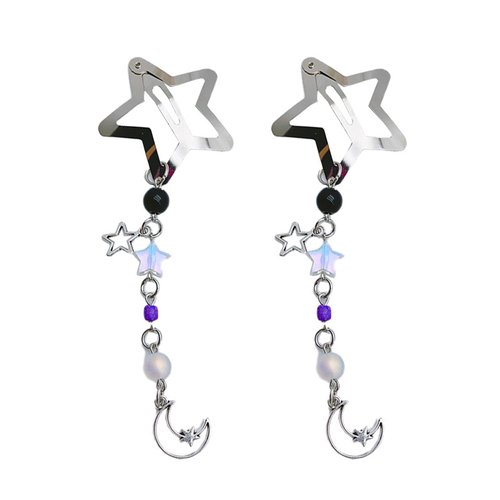 Star Metal Snap Hair Clips - 2Pcs Silver Y2K Star Clips with Metal Star and Moon Chain Tail Cute Hair Clips Star Hair Barrettes Y2K Hair Accessories for Women Girls Hair Styling Gifts