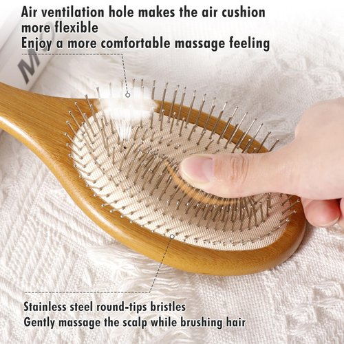 Hair Brush Bamboo Paddle, Aznrszy Multipurpose Head Scalp Massager with Air Cusion/Stainless Steel Bristles Brush Comb for Scalp Stimulation/Hair Growth/Daily Hair Care (Oval)