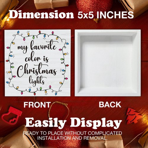 Christmas Signs, My Favorite Color is Christmas Lights Wooden Sign Decor, Farmhouse Christmas Wooden Block Sign, Indoor Christmas Decor for Table Shelf 5 x 5 Inch