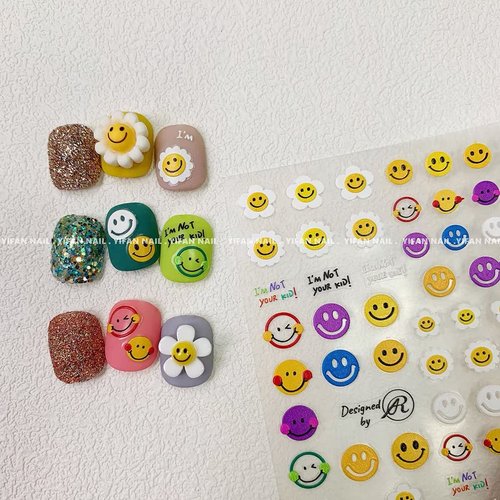 New 5D Stereoscopic Embossed Sun Flower Nail Art Stickers Decals, Candy Color Cartoon Smiling Face Sun Flower Colorful Flower Self-Adhesive Nail Stickers for Nail Art Decoration (3 Sheets)