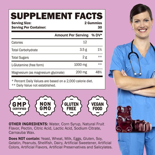 GREABBY L Glutamine 1000mg Gummies - Muscle Relief & Immune Support, Amino Acid Supplement with Magnesium Glycinate, Vegan & Non-GMO, Gluten Free (120 Count)