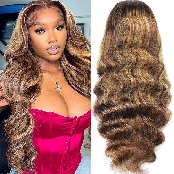 ﻿ Ombre Lace Front Wig Human Hair Highlight 13x4 HD Body Wave Lace Front Wigs Human Hair Pre Plucked Honey Blonde Wig Human Hair 4/27 Colored Wigs Glueless Highlight Wig for Women 180% Density 26 Inch