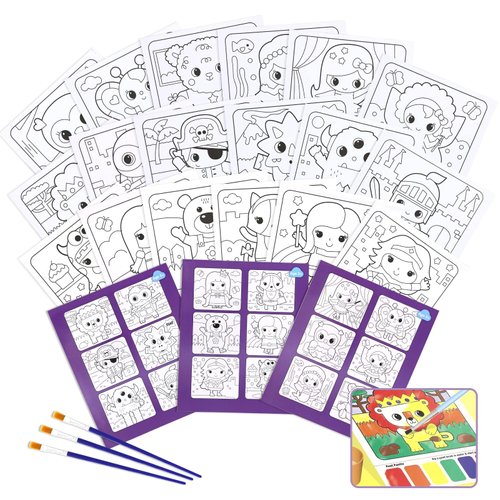 VKPI Water Coloring Activity Books, Watercolor Paint Books for Kids, 18 Mess Free Drawing Sheets, with 3 Painting Brushes, Gifts for Children Ages 3, 4, 5, 6, 7, 8