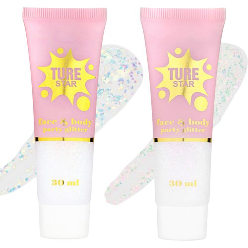 CCbeauty Body Glitter, Holographic Face Glitter Gel, Singer Concerts Music Festival Rave Party Accessories, Fine Gel Body Paint Glitter, Shimmer Glitter Makeup for Eye Lip Hair, 01 & 02