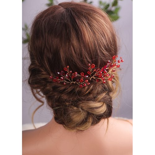 Teyglen 2pcs Crystal Bride Wedding Hair Pins Red Rhinestones Beads Hair Pins Set Bridal Hair Accessories Gold Silver Purple Blue Rhinestones Hair Pieces for Women Girls (Red)