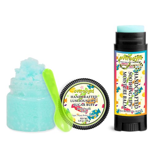 Boardwalk Taffy Soothing & Luscious Lips by OverSoyed Exfoliator & Chapped Lip Repair Lip Care Combo | Artisan Handcrafted to Order Orange Strawberry Coconut Green Apple Sweet Flavored Exfoliating Sugar Lip Scrub & Lip Moisturizer Balm Gift Set