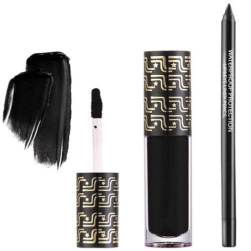 WENJLYJ 2Pcs Lip Liner and Lipstick Set,Black Liquid Lipstick and Lipliner Set,Matte Lipstick Lip Stain Long Lasting Waterproof Velvet Black Lip Gloss Set for Halloween Cosplay Gothic Makeup