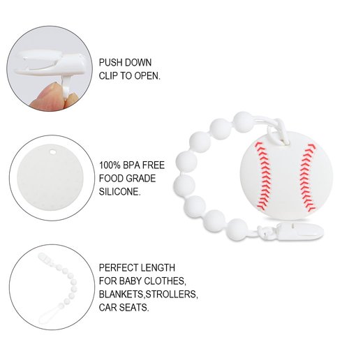Baby Sports Ball Teething Toys,Food Grade Silicone Teether with One-Piece Pacifier Clip Holder,Shower Gift,Teething Pain Relief for 3 Months+ Boy and Girl,BPA Free,Freezer Safe. (Baseball)