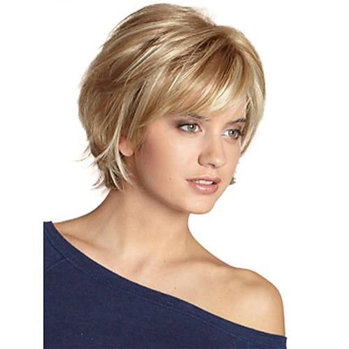 Fencca Short Blonde Pixie Wig with Bangs Pixie Cut Blonde Wigs for White Women Layered Natural Synthetic Short Hair Wigs for Daily Party Use
