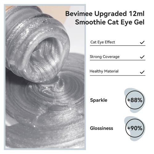 Bevimee Cat Eye Gel Nail Polish Moonlight 12ML Magnetic Nail Polish Gel Silver Glitter Mirror Glass Smoothie Cateye Gel Polish Holographic UV Gel for Nail Art Manicure DIY at Home 1PC