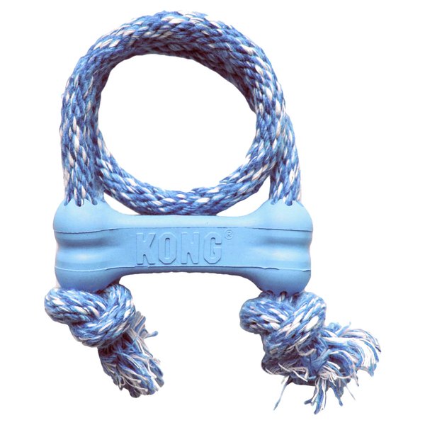 KONG Puppy Goodie Bone with Rope - Dog Chew Toy for Puppies - Natural Rubber Bone Toy with Cotton Rope - Teeth Cleaning Toy for Growing Puppies - for XS Puppies - Blue