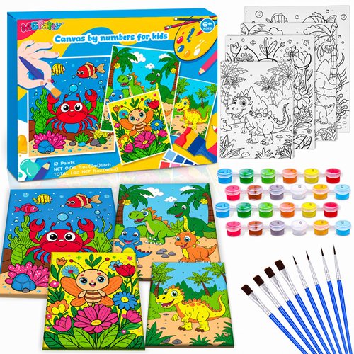 MGparty 4 Pack Paint by Numbers for Kids, Pre-Drawn Canvas Painting Kit, Includes 12 Paints and 8 Brushes, DIY Painting for Classroom Games Home Wall Decor, Kids' Paint by Number Kits