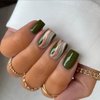 KXAMELIE Green Swirl Press on Nails Short Square with Glitter Sequins,Short Coffin Fake Nails with Design,Cute Nails Press ons Thick Salon False Nails Set for Women Girls Daily Wear