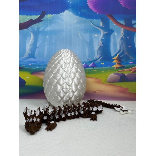 3D Printed Dragon with Dragon Egg, Articulated Brown and White Cherry Blossom Dragon, Fidget Toys for Autism/ADHD, Home Office Decor Executive Desk Toy D050