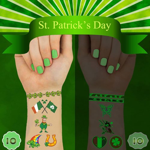 10 Sheets St. Patrick’s Day Temporary Tattoos,Lucky Shamrock Leprechaun Glow in The Dark Tattoos Green Clover Irish Designs Paint Art Luminous Tattoo Stickers for Kids and Women Parade Party Supplies