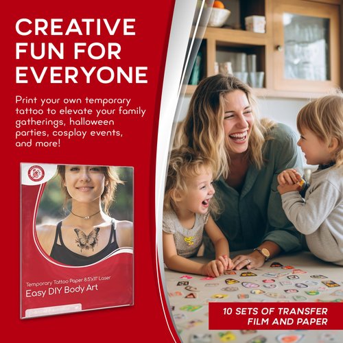 BubblePop! - Temporary Tattoo Paper for LASER printers, Tattoo Printer Paper to Make Your Own Temporary Tattoos, Temporary Tattoo Paper Laser Printer Compatible, 8.5”x11” Sheets, 10-Set