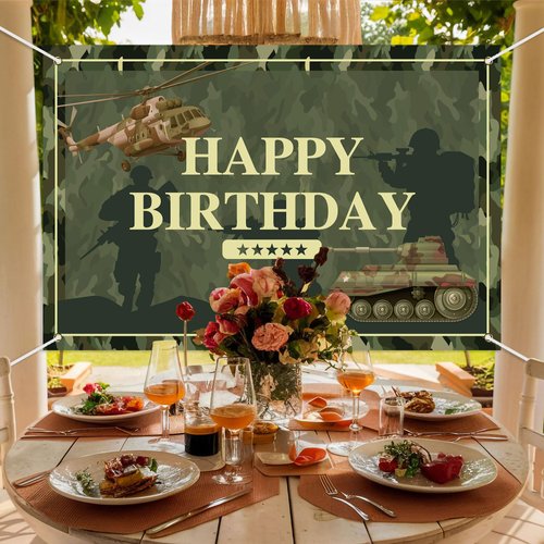 Camo Happy Birthday Backdrop Banner Army Military Camouflage Theme Background Decor for Veterans Soliders Men Boys Birthday Party Favors Decorations Supplies 72x43in-BECKTEN