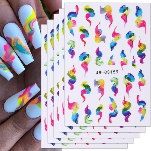 Vibrant Abstract Line Nail Art Stickers, 6PCS Wave Line Smoke Stripe Nail Decals, Ink Blooming Marble Nail Designs, 3D Self-Adhesive Manicure Decal Accessories for Summer DIY Nail Art Decorations
