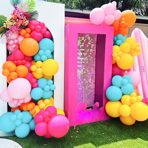 BBeipulas 88Pcs Tropical Balloon Arch Kit 12inch Hot Pink Orange Yellow Green Teal Latex Confetti Balloons for Luau Tropical Hawaii Flamingo Coachella Party Theme