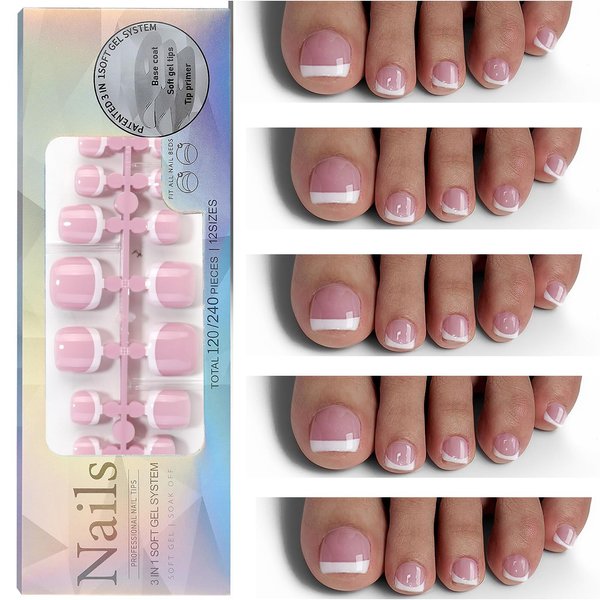 Maigitur Toe Nail Tips - Short French Tip Toenail Press Ons, 120Pcs Pink Soft Gel Toe Nail Tips, Soak Off Press On Toenails Square Fake Toes for Women Girls Manicure