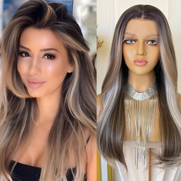 CIMITIKI Ash Blonde Brown and Platinum Mixed 13x4 Lace Front Wig Long Wavy Ombre Colored Highlight Synthetic Wigs 22Inch Pre Plucked for Women Girls