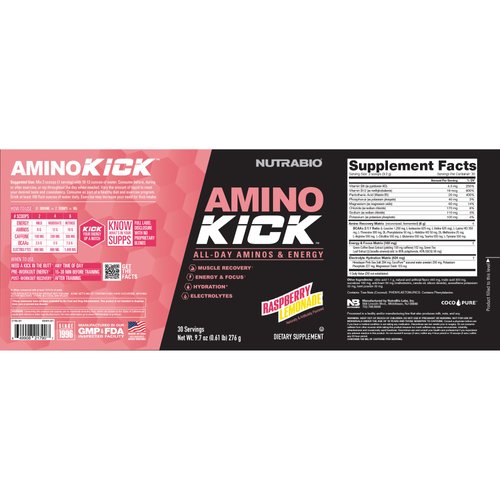 NutraBio Amino Kick - Amino Acid Energy Formula - BCAA's, Electrolytes for Hydration, Natural Caffeine 30 Servings (Raspberry Lemonade)