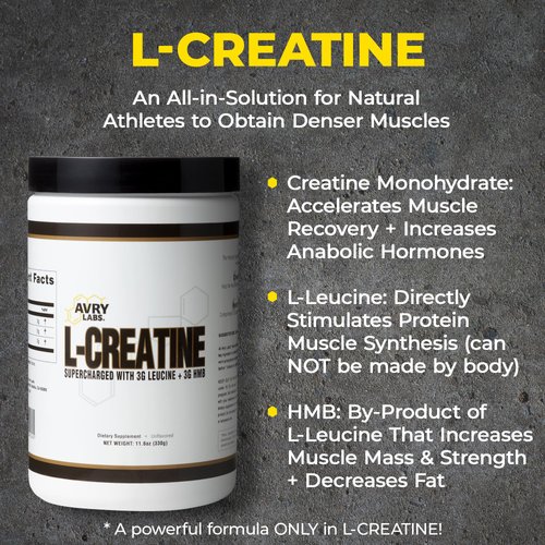 Avry Labs L-CREATINE Supplement: Creatine Monohydrate w/Leucine Amino Acid and HMB – Supports Muscle Mass, Strength, Recovery & Performance + Reduce Fat – Vegan, 11oz (330g) Powder
