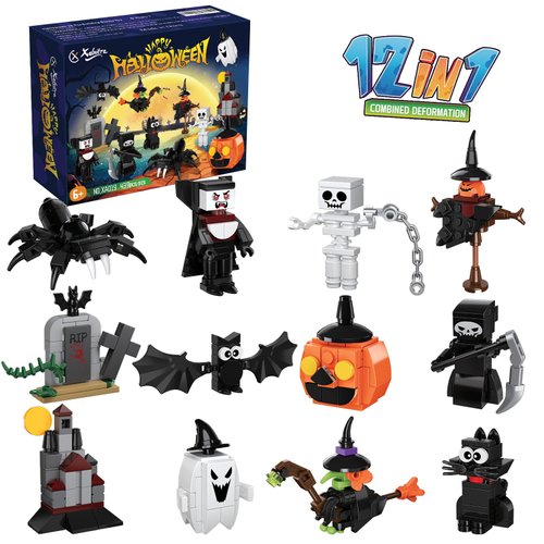 Halloween Party Favors Toys for Kids, Halloween 12 Pieces Building Blocks Toy Gift with Ghost Witch Cat Pumpkin Haunted Mini Cute Bricks Set Goodie Bags Fillers Classroom Prizes for Kids Boys or Girls