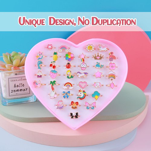PASEMM 36pcs Little Girl Jewel Rings, Adjustable Unicorn Rings Toys, No Duplication Kids Play Rings in Box,Dress Up Rings for 4-12 Year Old Girls, Birthday Christmas Valentine's Day Holiday Gifts