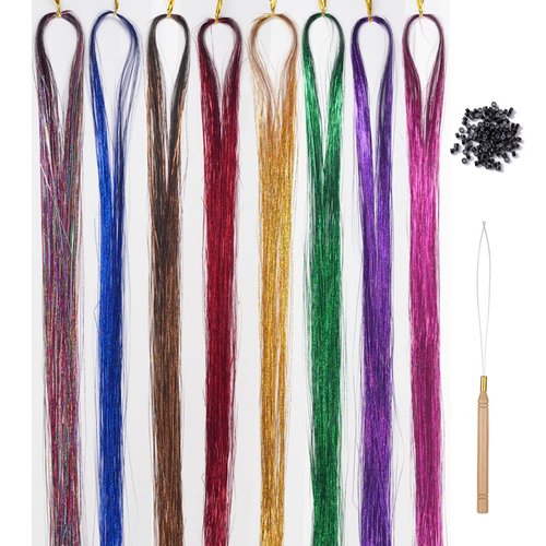 Hair Tinsel Kit with Tools 47 Inch 8 Colors 1600 Strands Tinsel Hair Extensions Glitter Hair Extensions for Christmas New Year Party (Laser 8 Colors)