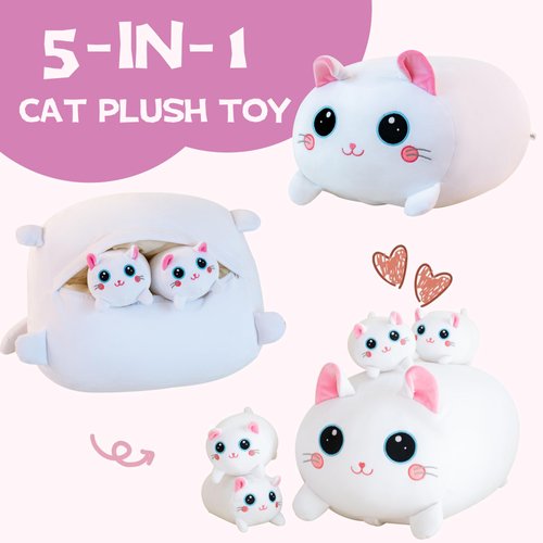 Gudisi Cat Plush Valentines Day Stuffed Animals with 4 Kitties Plushies,16" Soft Jumbo Pillow Gifts for Kids Him Her Girlfriend Boyfriend