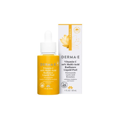 DERMA E Vitamin C 10% Multi-Acid Radiance Liquid Peel – Exfoliating and Brightening Skin Care Treatment with Niacinamide, Lactic Acid and Bromelain – For Uneven Tone and Discoloration, 1 Fl Oz
