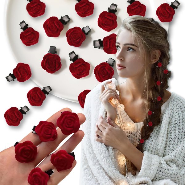 Mini Red Rose Hair Clips for Women Cute Small Flower Hair Pins Bridal Hair Barrettes Duckbill Alligator Hairpin Hair Accessories for Girls Wedding Christmas Party Decorations 20Pcs