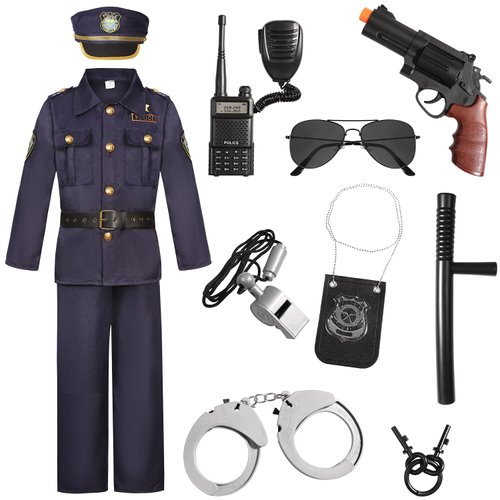 Police Officer Costume Kids Boys Halloween Costume Cop Cosplay with Deluxe Accessories Walkie Talkie Handcuffs Sunglasses Police Badge Props Whistle Holster Baton CA006S