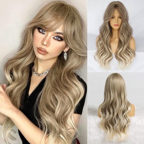 Ebingoo Ombre Blonde Wig with Bangs + Wig Cap Ombre Blonde Curly Wig with Bangs Blonde Wavy Wig for Women Synthetic Wigs Ombre Wig with Middle Part Heat Resistant Wig for Girls Women Daily Wear