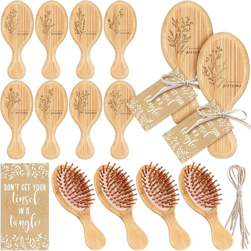Nuogo 8 Set Employee Appreciation Gift Mini Hair Brush Detangling Brush for Women Wooden Hairbrush Paddle Comb Brush with Cards Ropes Thank You Gift Pocket Hairbrush for Team Teacher Nurse(Awesome)