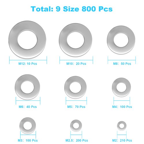 800 Pcs 304 Stainless Steel Flat Washers for Screws Bolts, Fender Washers Assortment Set, Assorted Hardware Lock Metal Washers Kit (9 Sizes-M2 M2.5 M3 M4 M5 M6 M8 M10 M12) for Home, Factories etc YLYL