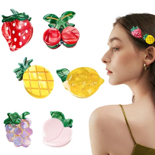KuuGuu 6 PCS Cherry Hair Claw Clips Strawberry Hair Clips Cute Fruit Hairpin Cellulose Acetate Barrettes Stylish Non-Slip Small Claw Clips Grace Hair Holding Headwear for Women Girls Thin Thick Hair