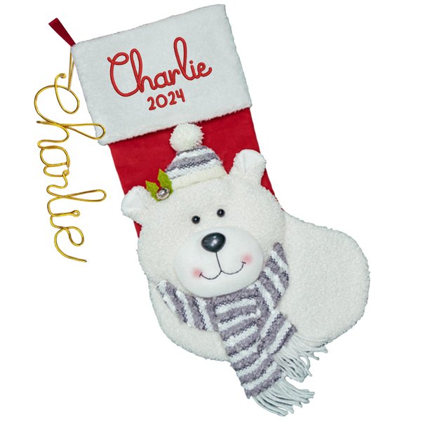 NAZENTI Personalized Christmas Stockings with Names, Custom Christmas Stocking, Fireplace Hanging Decoration, 3D Plush Polar Bear Stockings, Gifts for Family, Stockings for Family, 19''Xmas Socks